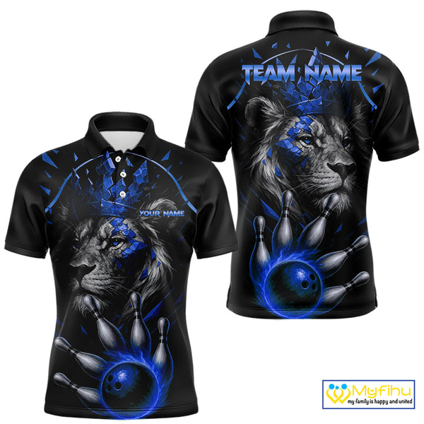 Custom Black and Blue Lion Bowling Polo, Quarter Zip shirts for Men, Lion Team Bowling Jerseys NQS10585