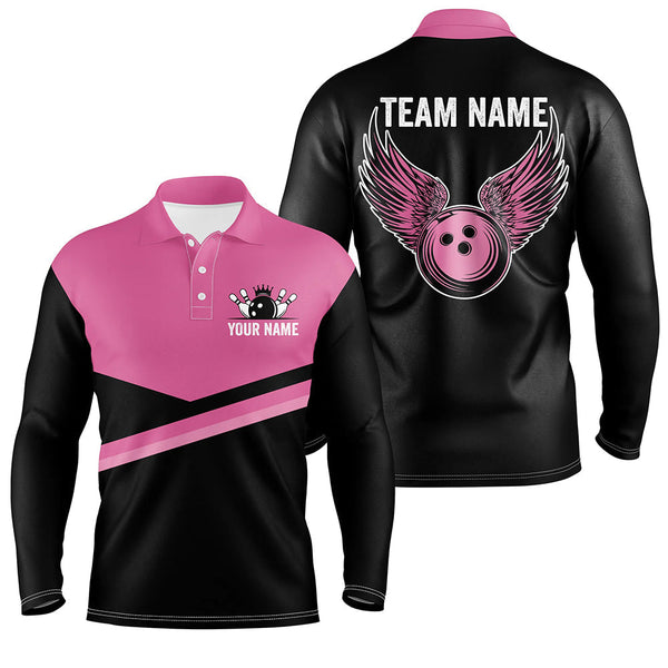 Black and pink Mens bowling polo shirts Custom Team bowling jerseys, gift for bowlers NQS7407