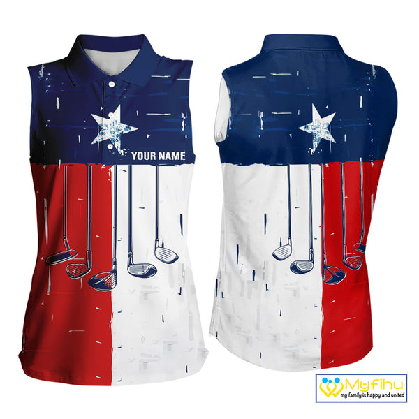 Texas Flag Golf Clubs sleeveless polo shirt Custom patriotic ladies golf top, personalized golf gifts NQS10381