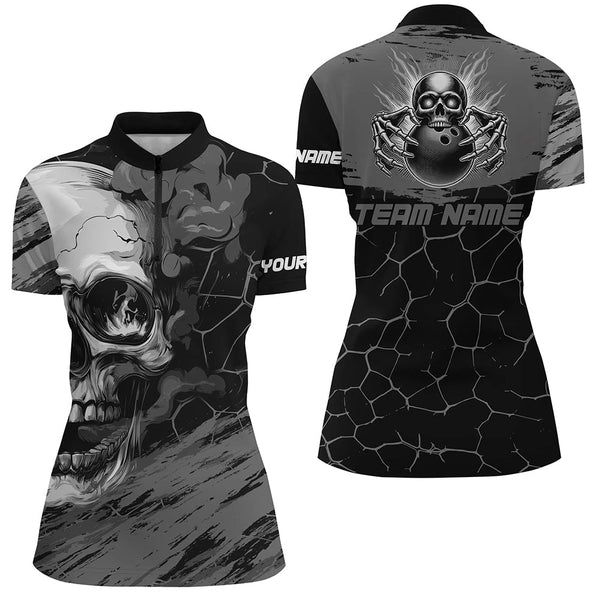 Black and Gray Skull Bowling Custom Bowling Polo, 1/4 zip Shirts For Women Bowling Team League Jerseys NQS8425