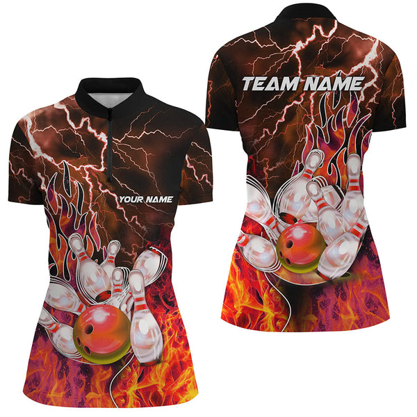 Women Bowling Polo, 1/4 Zip Shirt Custom orange lightning thunder Bowling Team Jersey, gift for Bowler NQS8174
