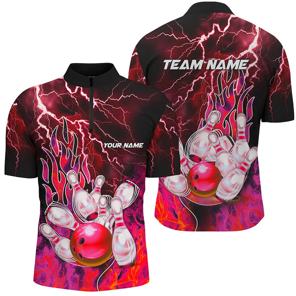 Men Bowling Polo, 1/4 Zip Shirt Custom red lightning thunder Bowling Team Jersey, gift for Bowlers NQS8175
