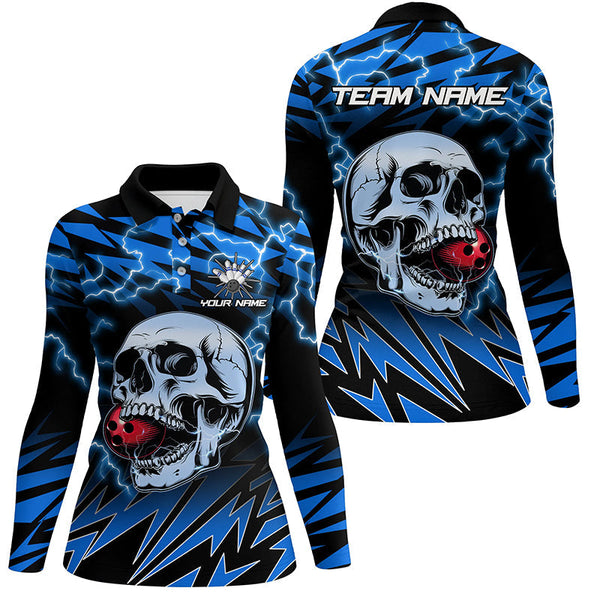 Women bowling polo shirts Custom blue lightning thunder Skull Bowling Team Jersey, gift for Bowlers NQS7420