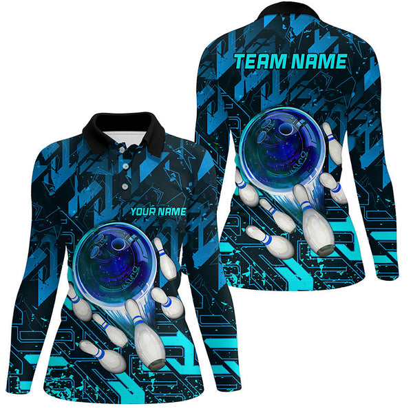 Women bowling polo shirts Custom blue abstract Bowling Team league Jerseys, gifts for bowlers NQS7247