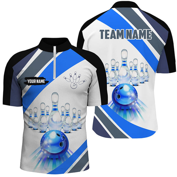 Blue Light Bowling Polo, Quarter Zip Shirt for men Custom Bowling ball and pins Team League Jerseys NQS7586