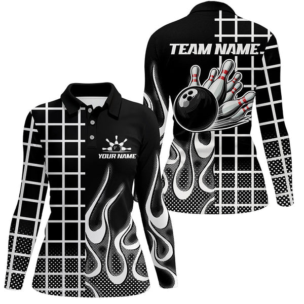 Black and white retro Bowling Polo, Quarter Zip Shirt for Women Custom Bowling Team League Jerseys NQS7588