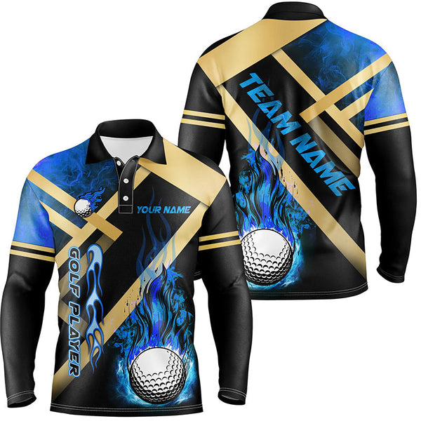 Mens golf polo shirts custom blue flame golf ball fire golf apparel for men, personalized golf gifts NQS7999