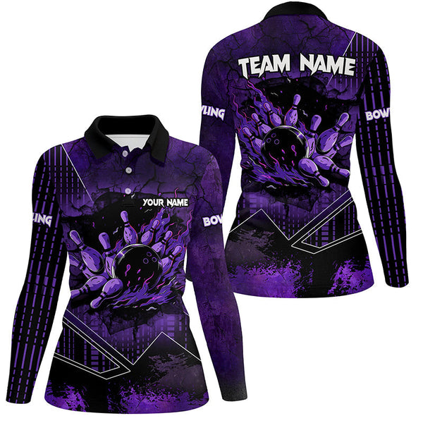 Purple grunge flame bowling ball pins Women Bowling Polo, Quarter zip shirt custom bowling Team jersey NQS8203