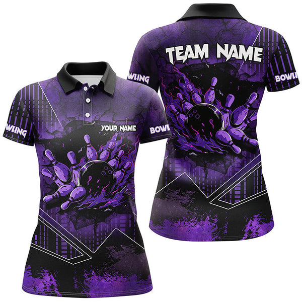 Purple grunge flame bowling ball pins Women Bowling Polo, Quarter zip shirt custom bowling Team jersey NQS8203