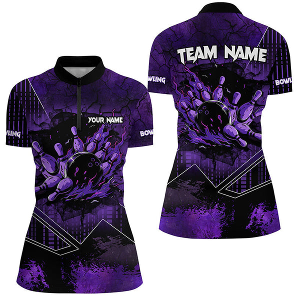 Purple grunge flame bowling ball pins Women Bowling Polo, Quarter zip shirt custom bowling Team jersey NQS8203