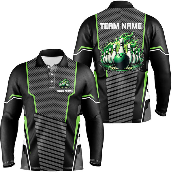 Green flame Bowling Polo, 1/4 Zip Shirt for Men Custom Black Bowling Team Jerseys gift for bowlers NQS7590