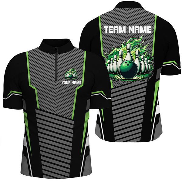 Green flame Bowling Polo, 1/4 Zip Shirt for Men Custom Black Bowling Team Jerseys gift for bowlers NQS7590