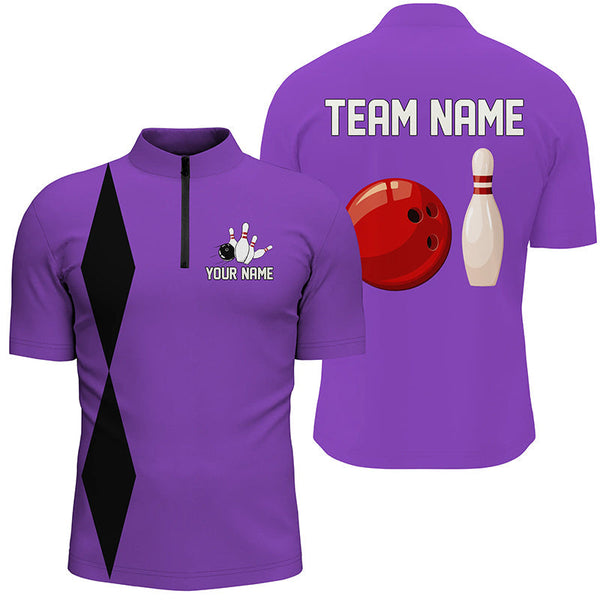 Personalized Retro Bowling Polo, Quarter Zip Shirts For Men custom vintage bowling team jersey| Purple NQS8003