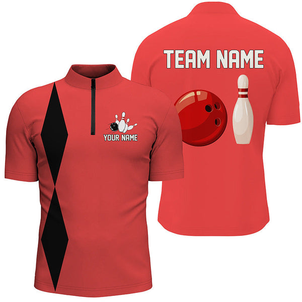 Personalized Retro Bowling Polo, Quarter Zip Shirts For Men custom vintage bowling team jerseys | Red NQS8004