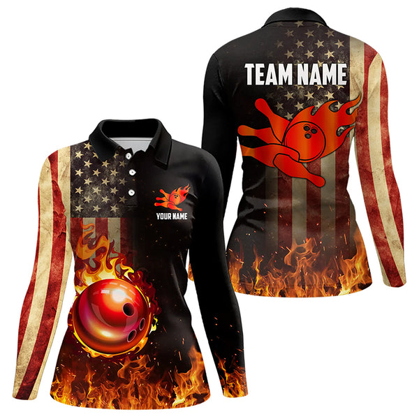 Vintage American Flag Flame Bowling Shirts For Women Custom Patriotic Ladies Bowling Team Jersey NQS9651