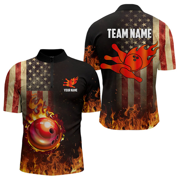 Vintage American Flag Flame Bowling Shirts For Men Custom Patriotic Mens Bowling Team Jersey NQS9651