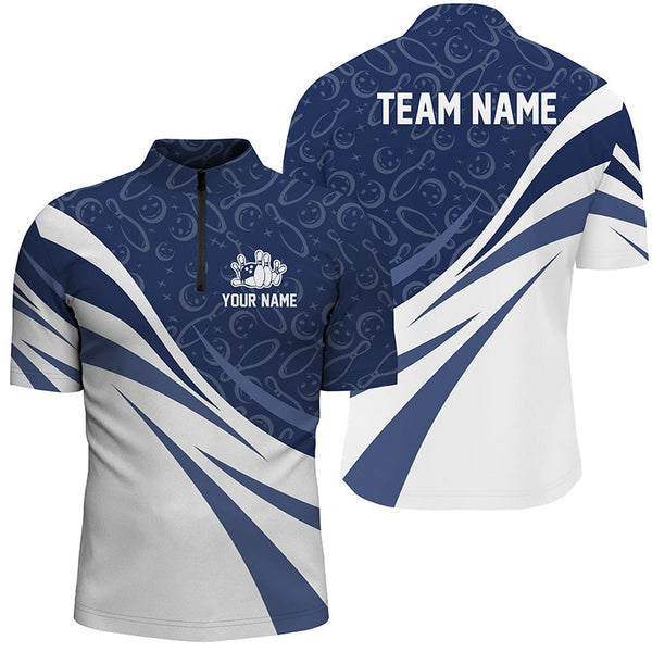 White and blue camo Men bowling Polo, Quarter Zip shirts Custom Team bowling jerseys, gift for bowlers NQS8009