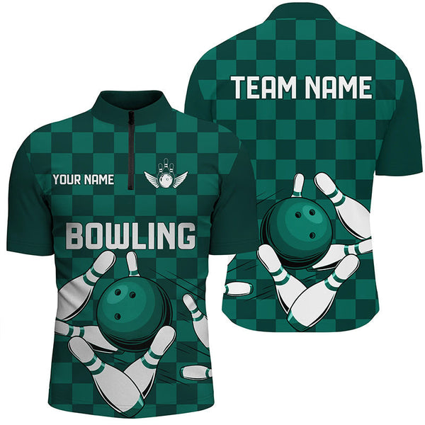 Green checkered Men Bowling Polo, Quarter Zip Shirt Custom team bowling jerseys, mens bowling outfits NQS8436