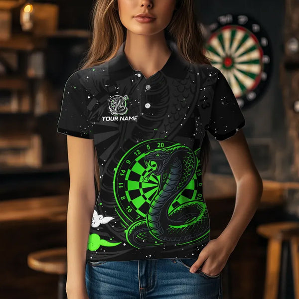 Black and Green Cobra Snake Darts Polo, Quarter Zip Shirts For Women Custom Name Darts Team Jerseys NQS9656