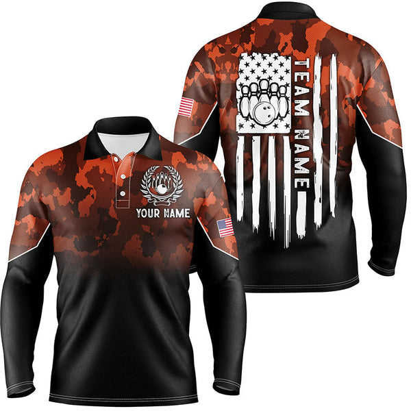 Mens bowling Polo, Quarter zip shirts Custom Orange camo American flag patriotic bowling team jerseys NQS8209