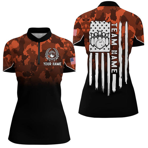Womens bowling Polo, Quarter zip shirt Custom Orange camo American flag patriotic bowling team jerseys NQS8209