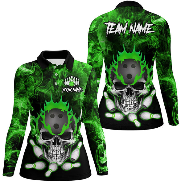 Green smoke Skull bowling Polo, Quarter Zip shirt for Women Custom Team bowling League jerseys NQS8211