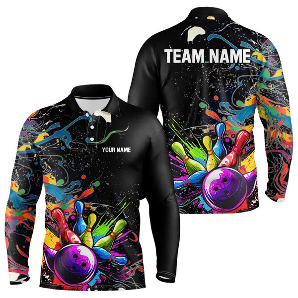 Colorful Splash Bowling Polo, Quarter Zip Shirt for Men Custom Bowling Team shirts for bowlers NQS9146