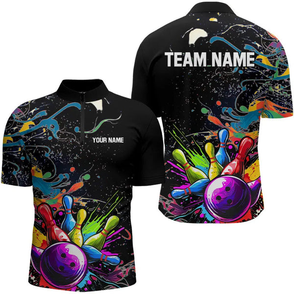Colorful Splash Bowling Polo, Quarter Zip Shirt for Men Custom Bowling Team shirts for bowlers NQS9146