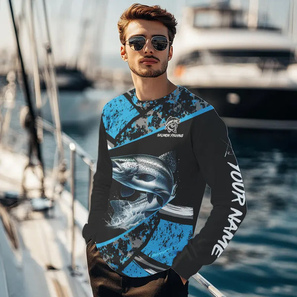 Chinook Salmon fishing Blue camo Long Sleeve Performance Fishing Shirt custom Salmon fishing jerseys NQS9347