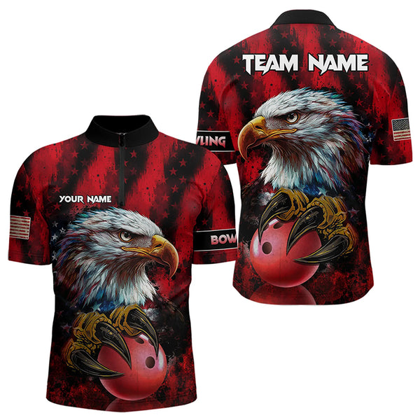 American Flag Eagle Bowling Polo, Quarter Zip Shirts For Men Custom Name Patriotic Bowling Team Jersey NQS9660