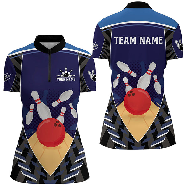 Blue Bowling Polo, Quarter Zip shirts for women custom retro bowling ball & pins team bowling jerseys NQS7796