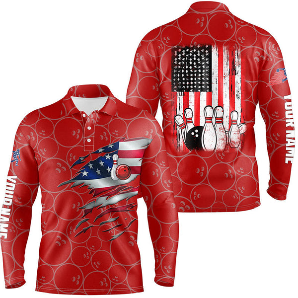 Red Bowling polo shirts for men custom name vintage American flag bowling jerseys NQS6563