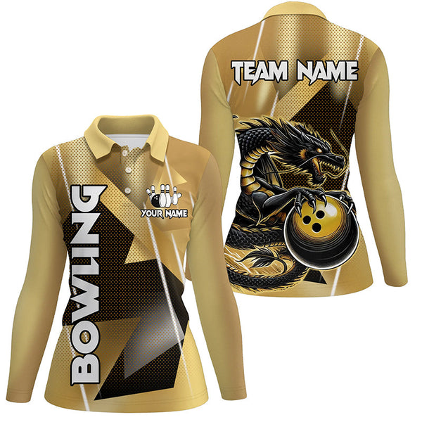 Black And Gold Custom Dragon Bowling Shirts For Women, Dragon Bowling Team Shirts NQS8233