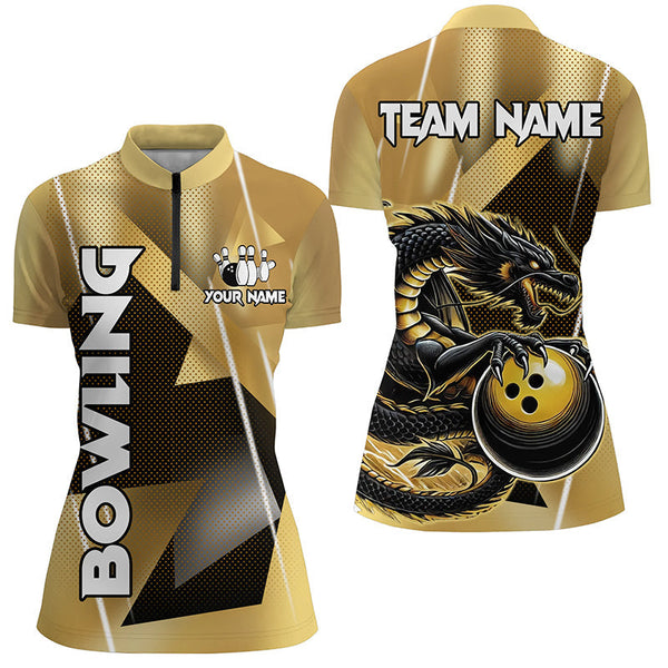 Black And Gold Custom Dragon Bowling Shirts For Women, Dragon Bowling Team Shirts NQS8233