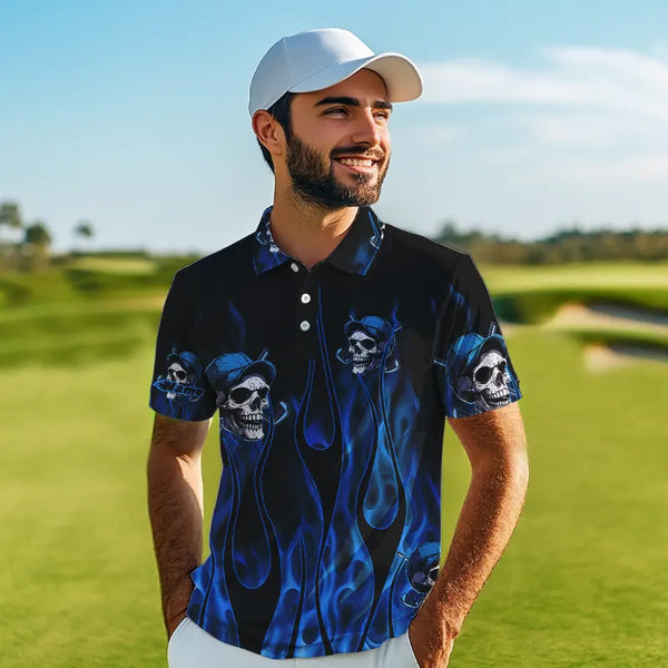 Blue Flame Skull Mens golf polo shirts custom skull fire golf apparel for mens NQS9516