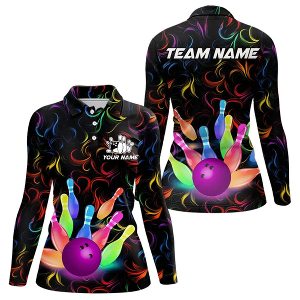 Colorful Neon Flame pattern Bowling Shirts For Women Custom Bowling Team Jerseys, Gift For Bowler NQS9374