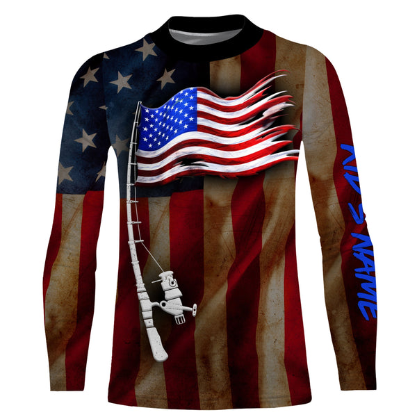 Vintage American flag patriotic fishing rod Custom Name UV protection UPF 30+ fishing jersey, patriotic Gifts for Fisherman NQS2943
