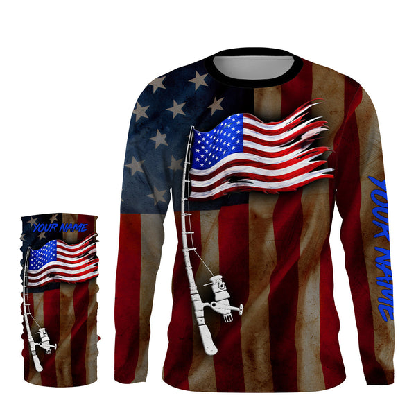 Vintage American flag patriotic fishing rod Custom Name UV protection UPF 30+ fishing jersey, patriotic Gifts for Fisherman NQS2943