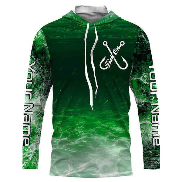 Fish on green sea water camo Custom Name performance long sleeve fishing shirts uv protection NQS7039