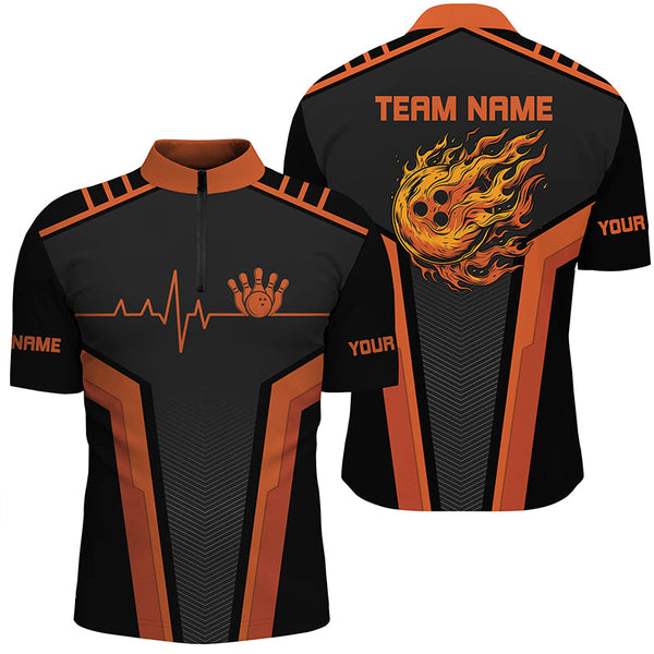 Black and orange Flame Bowling shirts for men custom Bowling Ball Pins heartbeat team bowling shirts NQS7827