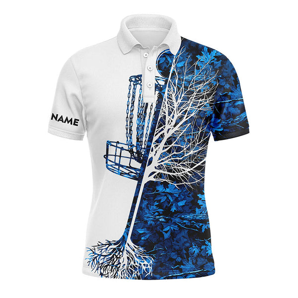 Mens disc golf polo shirt custom name blue camo disc golf basket, personalized disc golf shirts NQS4558