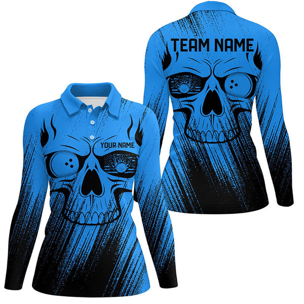 Blue Grunge Skull Bowling Polo, Quarter Zip Shirt Shirts For Women Custom Bowling Team League Jerseys NQS8478