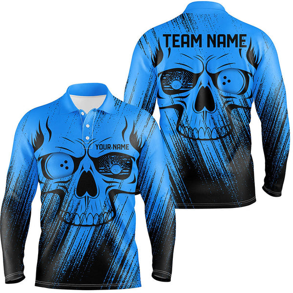 Blue Grunge Skull Bowling Polo, Quarter Zip Shirt Shirts For Men Custom Bowling Team League Jerseys NQS8478