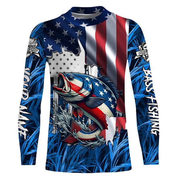 American flag patriot Largemouth Bass blue camo fishing, custom mens long sleeve sun protection shirts NQS4361