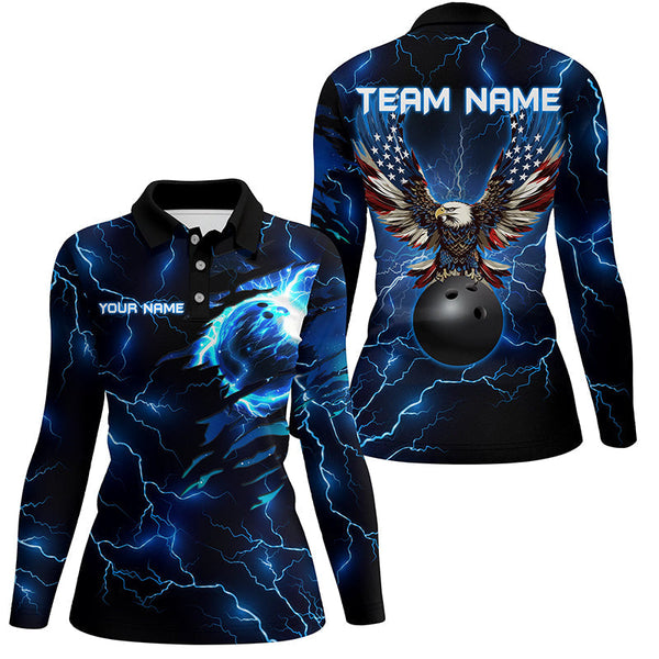 Blue lightning thunder bowling American flag Eagle custom Womens Bowling Polo Shirts, team jerseys NQS7489