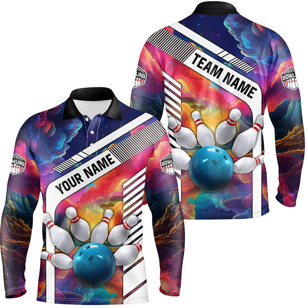 Colorful bowling Polo, Quarter Zip Shirt for Men Custom bowling ball and pins Team Bowling jerseys NQS8066
