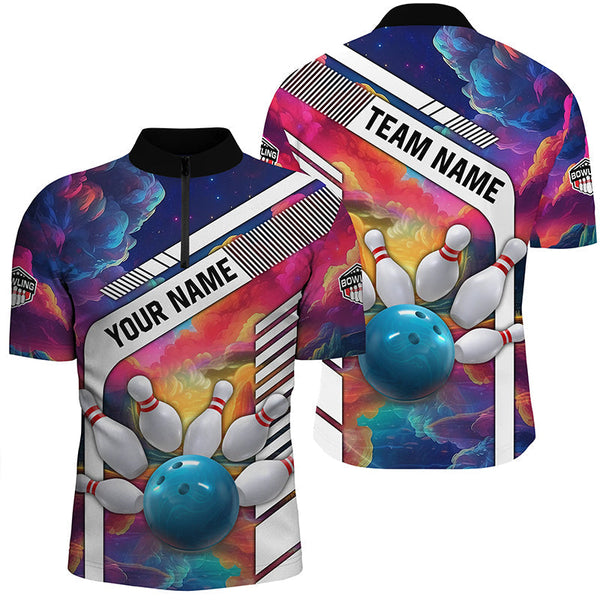 Colorful bowling Polo, Quarter Zip Shirt for Men Custom bowling ball and pins Team Bowling jerseys NQS8066