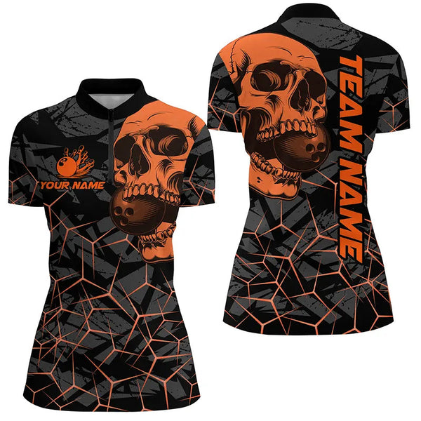 Black Skull camo bowling shirt for women custom bowling team jerseys, gifts for bowlers | Orange NQS8276
