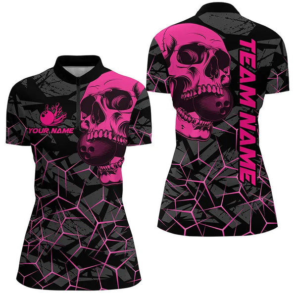 Black Skull camo bowling shirt for women custom bowling team jerseys, gifts for bowlers | Pink NQS8277