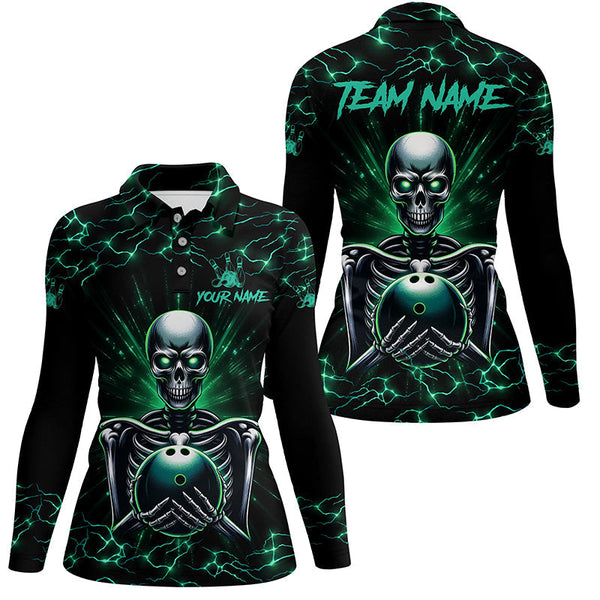 Green skull lightning bowling polo shirts for women Custom Team bowling jerseys, gift for bowlers NQS7304